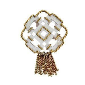 Vintage Signed Avon Brooch Geometric Design White Enamel Goldtone Metal Tassels